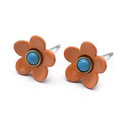 Spray Painted Brass Stud Earrings, with Synthetic Turquoise, Plastic Ear Nuts, Platinum, Coral, 11mm, Pin: 0.5mm