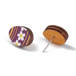 Aretes de pascua de madera natural, 316 joyería de acero inoxidable para mujer., patrón de huevo, 14x11mm, pin: 0.6 mm