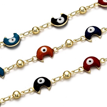 Brass Link Chains, with Enamel, Spool, Long-Lasting Plated, Soldered, Moon with Evil Eye, Golden, Links: 7.8x3.6x3mm and 13.5x7.3x3mm