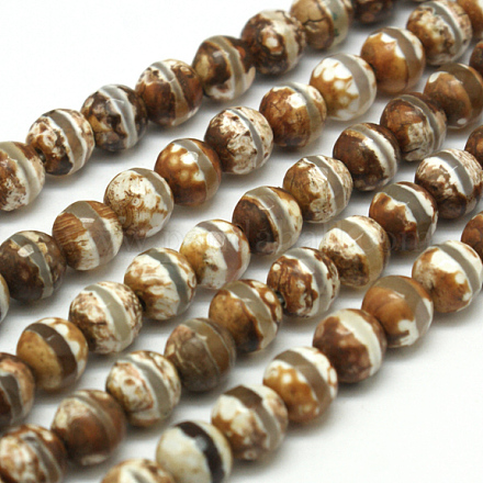 Round Faceted Natural Agate Tibetan Style dZi Beads Strands TDZI-O005-10I-10mm-1