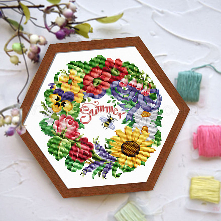 夏をテーマにした花柄クロスステッチ初心者キット  刺繍生地と糸を含む  針  カラフル  370x370mm PW-WG32524-01-1