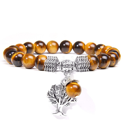 Bracelet extensible en perles d'oeil de tigre naturel avec breloques arbre de vie en alliage PW-WG19782-16-1