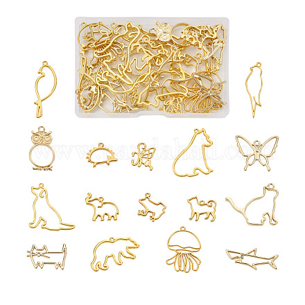 Fashewelry 32pcs16スタイルアロイペンダント  オープンバックベゼル  UVレジンDIY用  エポキシ樹脂  プレスジュエリー  動物の形  ゴールドカラー  2個/スタイル FIND-FW0001-15-1