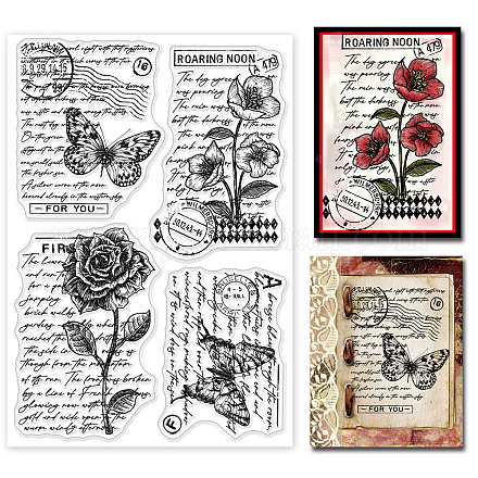 GLOBLELAND Vintage Sketch Butterfly Rose Poppies Clear Stamps Handwritten Letters Silicone Clear Stamp Seals for Cards Making DIY Scrapbooking Photo Journal Album Decoration DIY-WH0167-56-1114-1