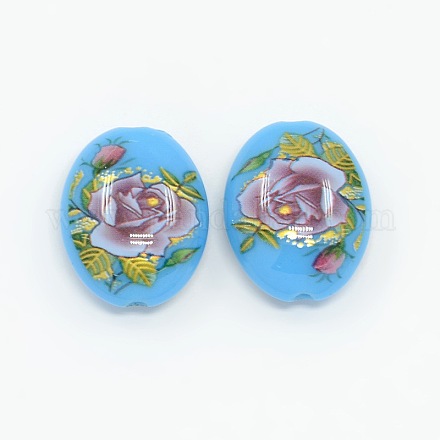 Flower Printed Acrylic Flat Oval Beads SACR-O001-05E-1