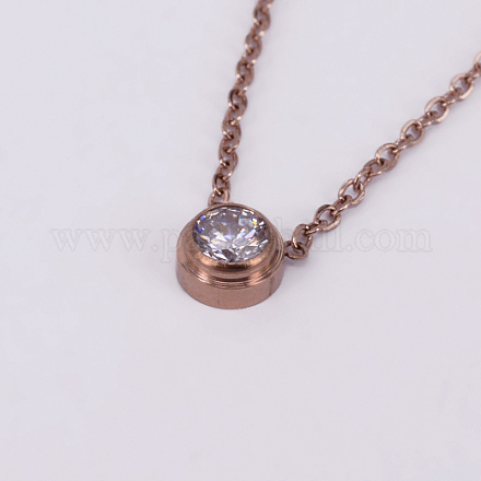 Schicke Dame Rose Gold-Ton 304 Edelstahl Stone flache runde hängende Halsketten NJEW-E072-07RG-1