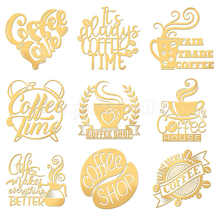 OLYCRAFT 9pcs 4x4cm Coffee Pattern Stickers Coffee Time Word Sticker Self Adhesive Gold Stickers Metal Gold Stickers for Scrapbooks DIY Resin Crafts Phone & Water Bottle Decoration DIY-WH0450-038-1