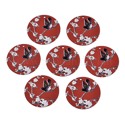 スプレープリントアイアン製ペンダント  ラバー加工スタイル  3dプリント  梅の花柄  フラットラウンド  暗赤色  25.5x0.8mm  穴：1.2mm X-IFIN-T016-41-1