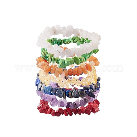 7pcs 7 colores unisex chip pulseras elásticas con cuentas de piedras preciosas naturales y sintéticas BJEW-SZ0001-017-1