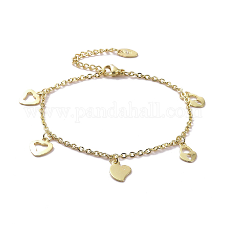 201 bracelet breloques cœur & cadenas en acier inoxydable avec 304 chaînes en acier inoxydable pour femme BJEW-C019-27G-1