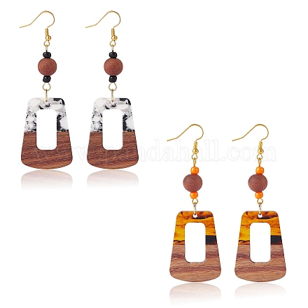 2 Paar 2-farbige Trapez-Ohrringe aus Harz und Walnussholz EJEW-SW00014-04-1