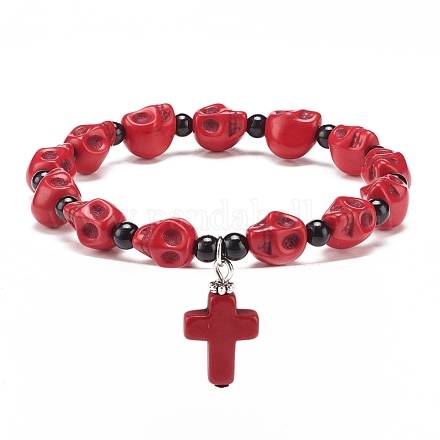 Natural Mashan Jade Skull Beaded Stretch Bracelet with Synthetic Turquoise(Dyed) Cross Charm BJEW-JB08378-02-1