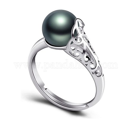 女性のための中空花真鍮シェルパールフィンガー指輪  調節可能なリング  ブラック  プラチナ RJEW-BB66770-D-1
