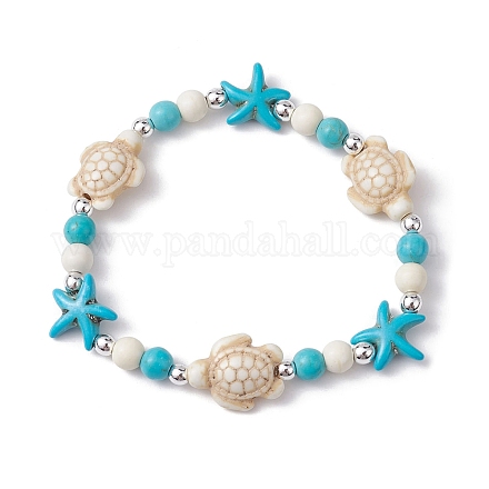 Braccialetto elasticizzato con perline turchesi sintetiche tartaruga e stelle marine BJEW-JB09968-01-1