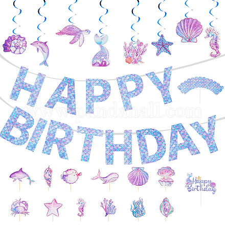 誕生日の装飾紙の旗バナー  ケーキトッパー付き  ケーキ入りカード  人魚と海の動物  ミックスカラー  144x133x0.1mm HJEW-WH0042-86-1