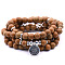Bohemian Styles Natural Round Wood Lace Stone Beaded Stretch Bracelets for Women Men, with Flat Round Charm