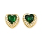 Brass Pave Cubic Zirconia Beads, with Glass, Long-Lasting Plated, Rack Plating, Cadmium Free & Lead Free, Heaet, Golden, Dark Green, 9.5x9.5x6mm, Hole: 1.6x3mm