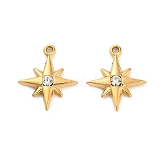 Ciondolo in strass in acciaio inossidabile 304, placcatura ionica (ip), charms stella, vero placcato oro 18k, 21x17.5x3.5mm, Foro: 1.6 mm