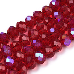 FilI di perline in vetro placcato, mezzo arcobaleno placcato, sfaccettato, rondelle, firebrick, 6x5mm, Foro: 1 mm, circa 80~85pcs/filo, 38~40cm