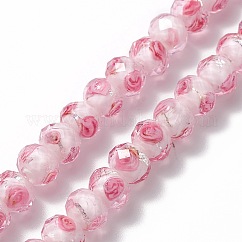 Handgemachte Silberfolie Glas Bunte Malerei Perlen Stränge, Innen Blume, facettierte Rondelle, rosa, 8x6 mm, Bohrung: 2 mm, ca. 70 Stk. / Strang, 17.3 Zoll