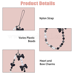 6 pz 4 stili fiocco e cinturini in plastica per cellulari a forma di cuore&nbsp;AJEW-HS0001-27