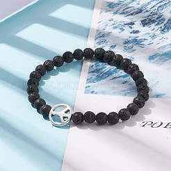 Bracelet extensible en pierre de lave naturelle avec perles de signe de paix en alliage&nbsp;BJEW-JB08309-05