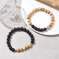 Bracelet extensible en pierre de lave naturelle et perles rondes en bois&nbsp;BJEW-JB10075-02