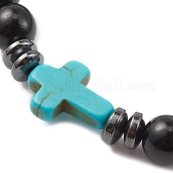 Bracelet extensible en perles de corss en bois naturel et turquoise synthétique et hématite&nbsp;BJEW-JB09622