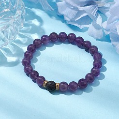 Braccialetti elasticizzati con perline rotonde di ametista naturale e roccia lavica da donna&nbsp;BJEW-JB10797-02