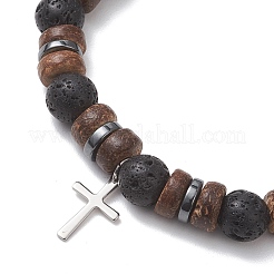 Braccialetti elastici regolabili in perline di cocco naturale e roccia lavica&nbsp;BJEW-JB13285-01