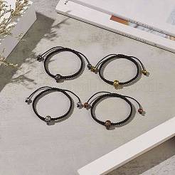 4 Stück 4-farbiges Armbandset mit geflochtenen Perlen aus synthetischem Hämatit und Totenkopflegierung aus Legierung&nbsp;BJEW-JB09215