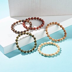 Bracciale elasticizzato con perline tonde in legno naturale&nbsp;BJEW-JB07132