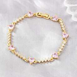 Bracciali a catena con maglie a cuore in ottone e pavé di zirconi cubici per donna&nbsp;KK-CBA68DA-10G-02