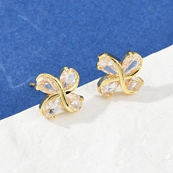 Orecchini a bottone con micro pavè di fiori in ottone e zirconi trasparenti&nbsp;EJEW-U064-03G