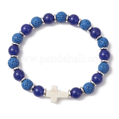 Pulseras elásticas con cuentas redondas de roca de lava natural y jade de Malasia&nbsp;BJEW-JB13452