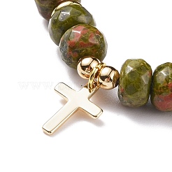 Bracciale elasticizzato con pietre preziose rotonde e perline con ciondolo a croce in ottone&nbsp;BJEW-JB08097