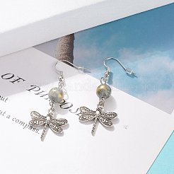 Jade mashan naturel rond avec boucles d'oreilles pendantes libellule en alliage&nbsp;EJEW-JE04855-02