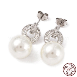 Anlaufgeschützter Ring mit Zirkonia und baumelnden Ohrsteckern aus Muschelkernperlen&nbsp;EJEW-F318-06P