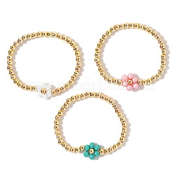 Ensemble de 3 bracelet extensible rond en laiton avec perles et fleurs en verre bicolores ([1] pièce).&nbsp;FH6392