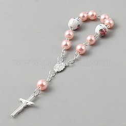 Braccialetti rosario con ciondolo a croce vergine in metallo con maglie rotonde in porcellana e perle sintetiche in plastica&nbsp;BJEW-WH0041-51A