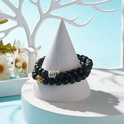 2 pièces 2 couleurs pierre de lave naturelle et bracelets extensibles en pierre noire synthétique sertis de tête de bouddha&nbsp;BJEW-JB07707