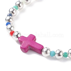 Synthetisches türkisfarbenes (gefärbtes) Kreuz-Stretch-Armband mit Glas für Damen&nbsp;BJEW-JB07663