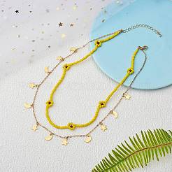 Collier double couche de fleurs tressées en graines de verre&nbsp;NJEW-SW00015-01