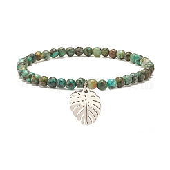Bracciale elasticizzato con perline rotonde e pietre preziose naturali con ciondolo a forma di foglia&nbsp;BJEW-JB07587