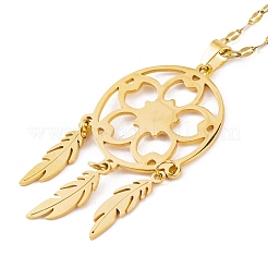 Colliers pendentifs bohèmes en acier inoxydable 201 avec filet tissé et plumes pour femmes&nbsp;NJEW-G087-04G
