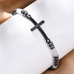 Braccialetti elastici in perline di giada bianca naturale con colonna bohemia&nbsp;BJEW-F493-01EB