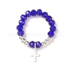Anello da dito rotondo con perline di vetro con ciondolo a croce in ottone per donna&nbsp;RJEW-JR00499