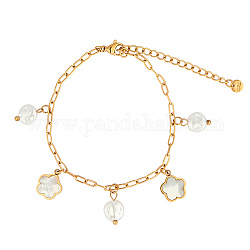 Natural Pearls and Shell Flower Charm Bracelet with Stainless Steel Paperclip Chains, Golden, 8-1/4 inch(21cm)