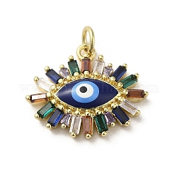 Colgantes de esmalte de latón, con vidrio y anillo de salto, real 18k chapado en oro, encanto del mal de ojo, azul medianoche, 17x20.5x5mm, agujero: 3.5 mm