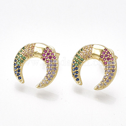 Brass Cubic Zirconia Stud Earrings, with Ear Nuts, Double Horn/Crescent Moon, Golden, 13.5x14.5mm, Pin: 0.7mm